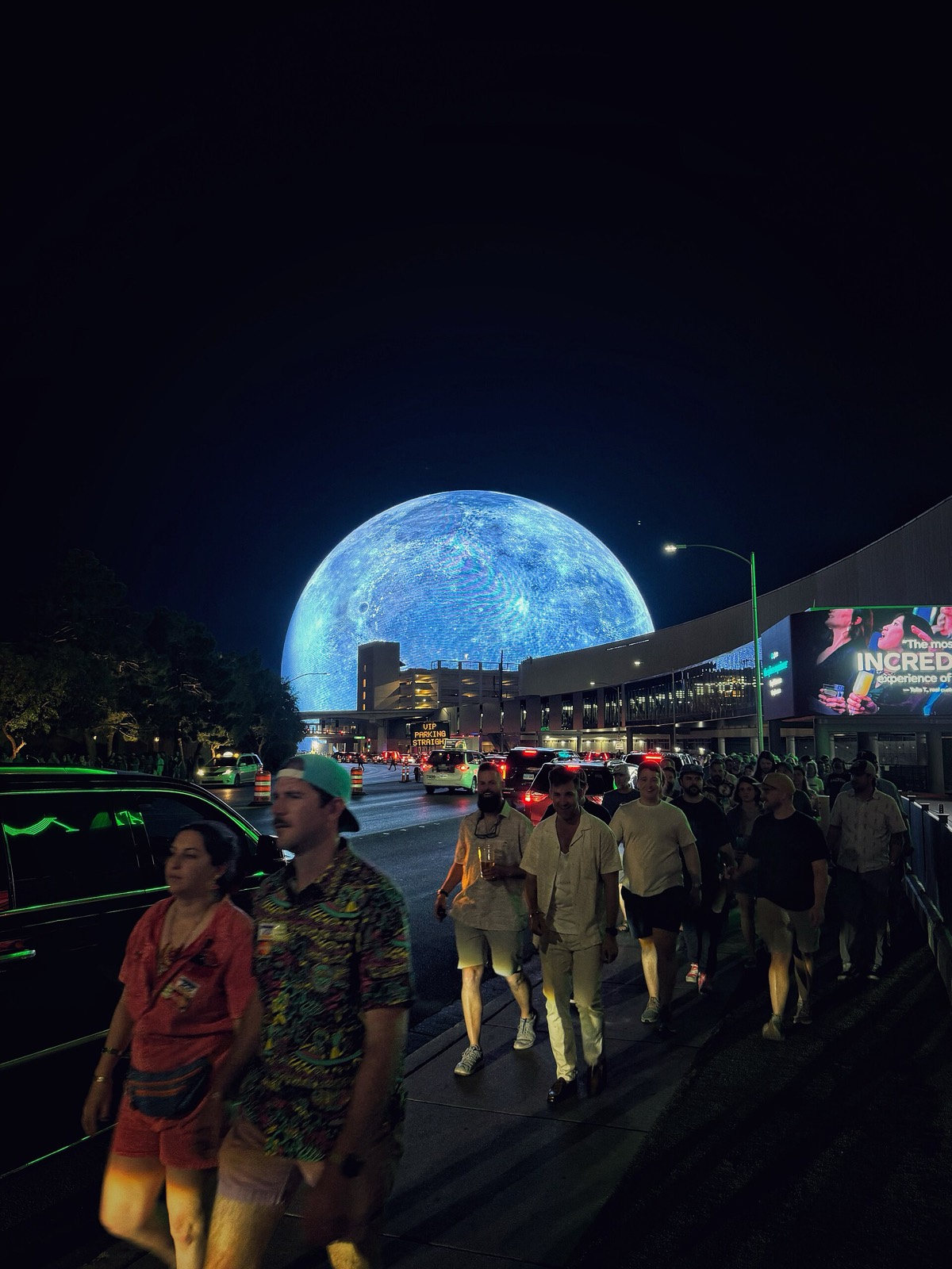 The Sphere glowing at night in Las Vegas